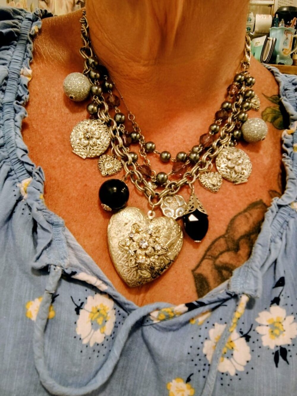 Boho Chic Vintage Style 3 Layer Silver Metal Bling Necklace Lockets - Picture 12 of 16
